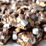 Close-up of homemade ROCKY ROAD CANDY with chocolate, marshmallows, and peanuts stacked on parchment paper.