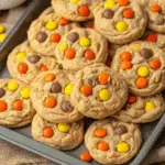 Tray filled with soft and chewy Reese's Pieces Cookies topped with colorful candy-coated peanut butter pieces.