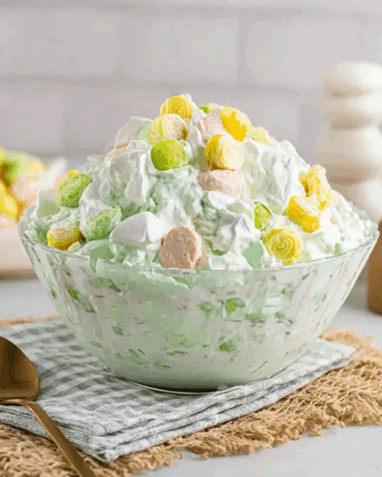 Glass bowl filled with fluffy seafoam salad made with whipped topping, pastel marshmallows, and crushed pineapple, topped with colorful candies.