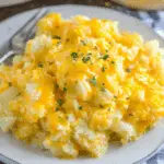 Plate of Slow Cooker Cheesy Potatoes topped with melted cheddar cheese and garnished with fresh parsley.