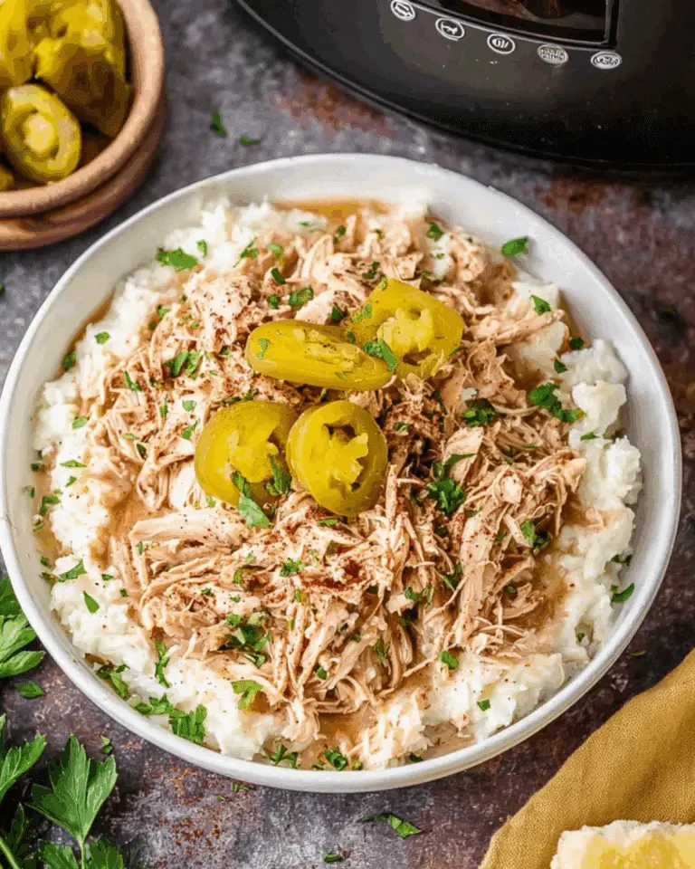 Bowl of Slow Cooker Mississippi Chicken served over mashed potatoes, topped with sliced pepperoncini and fresh herbs.