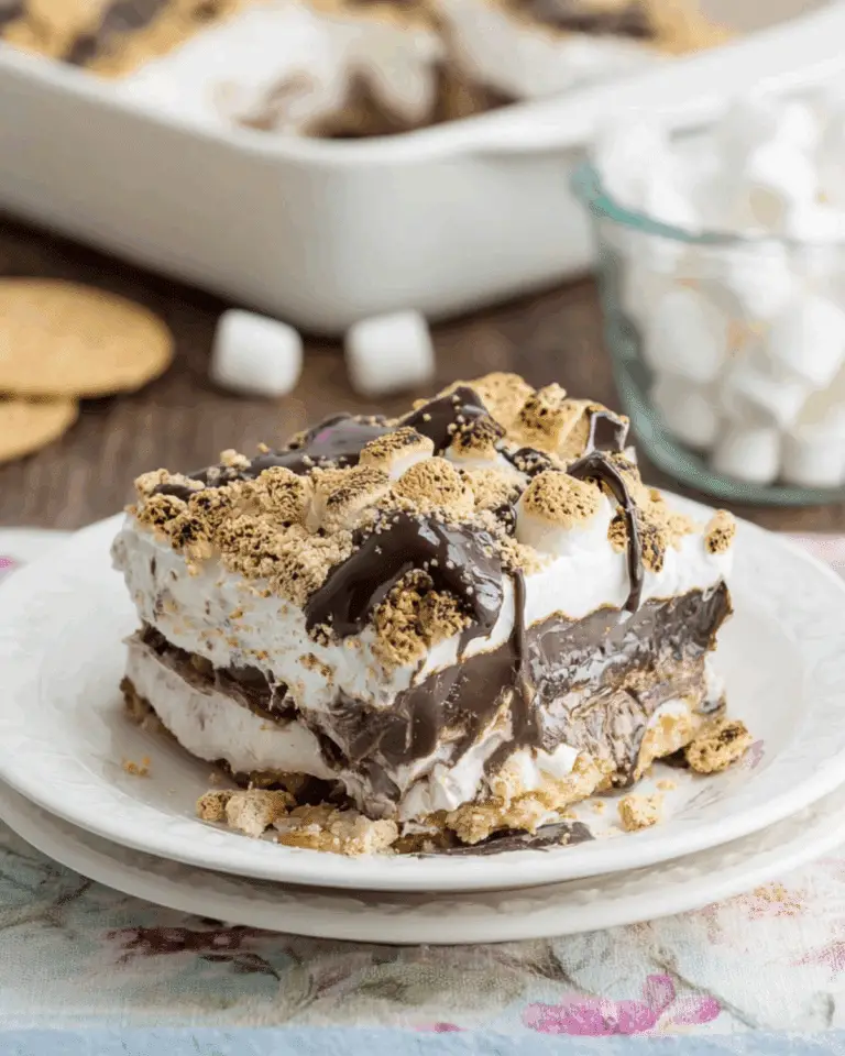 Slice of s’mores lasagna layered with graham cracker crust, chocolate pudding, marshmallow cream, and toasted marshmallows on top.
