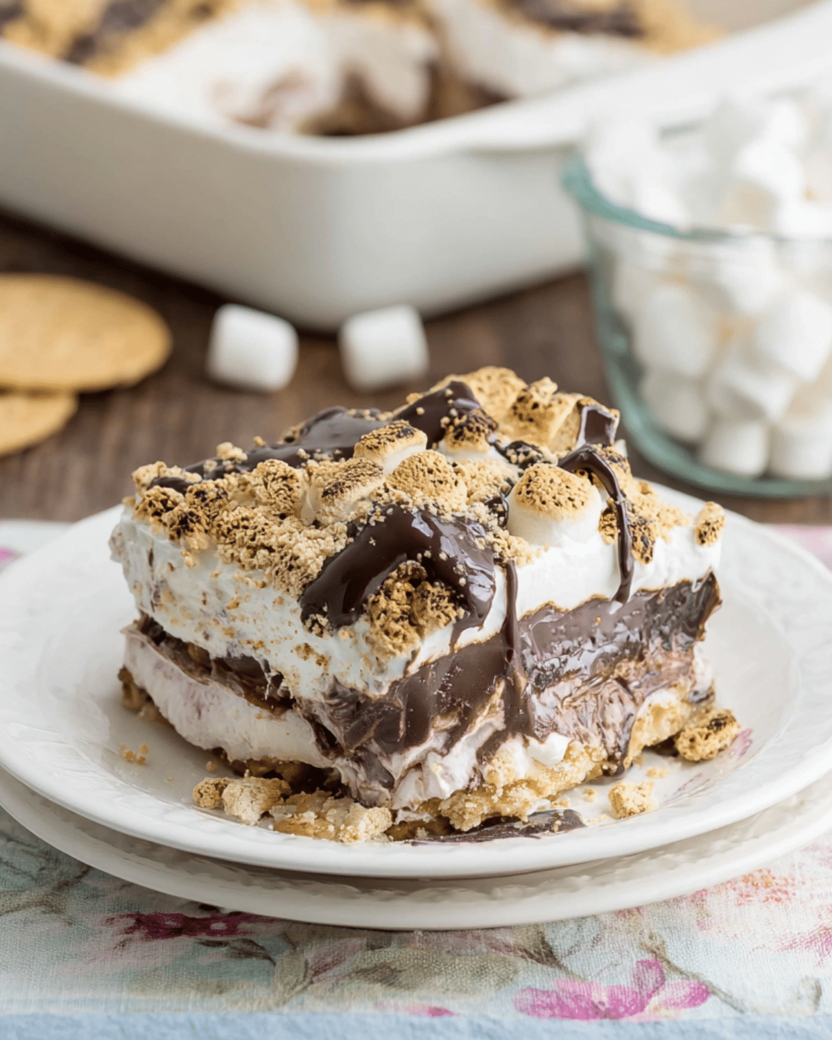 Slice of s’mores lasagna layered with graham cracker crust, chocolate pudding, marshmallow cream, and toasted marshmallows on top.