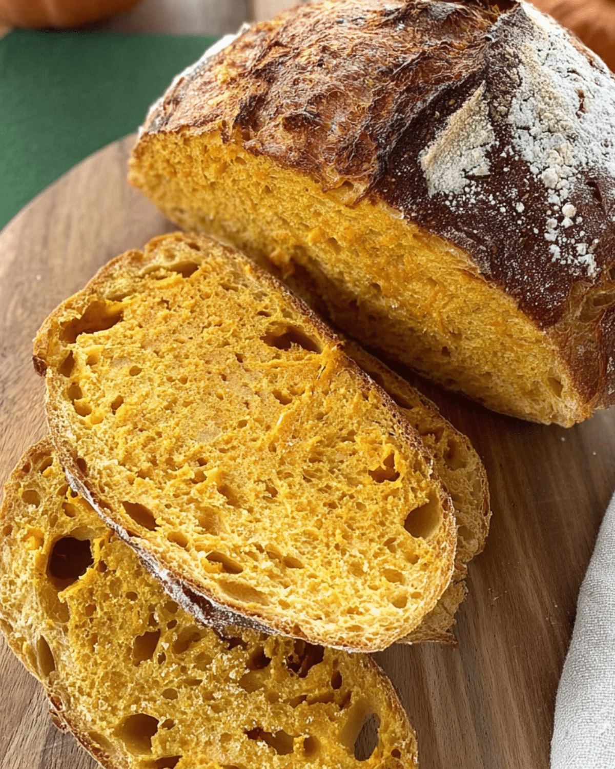 A loaf of Soft Pumpkin Sourdough Bread with golden-orange slices showing its airy texture and rustic crust.