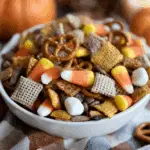 A bowl of Sweet and Salty Fall Snack Mix featuring candy corn, pretzels, Chex cereal, marshmallows, and chocolate pieces.