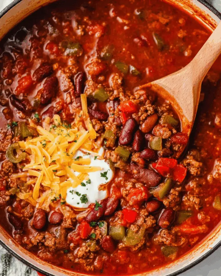 Wendy's Chili Recipe featuring ground beef, kidney beans, tomatoes, and bell peppers, topped with shredded cheese, sour cream, and parsley in a large pot.