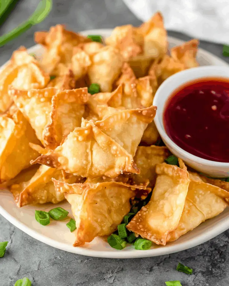 A plate of golden crispy Crab Rangoons served with a bowl of red dipping sauce and garnished with green onions.