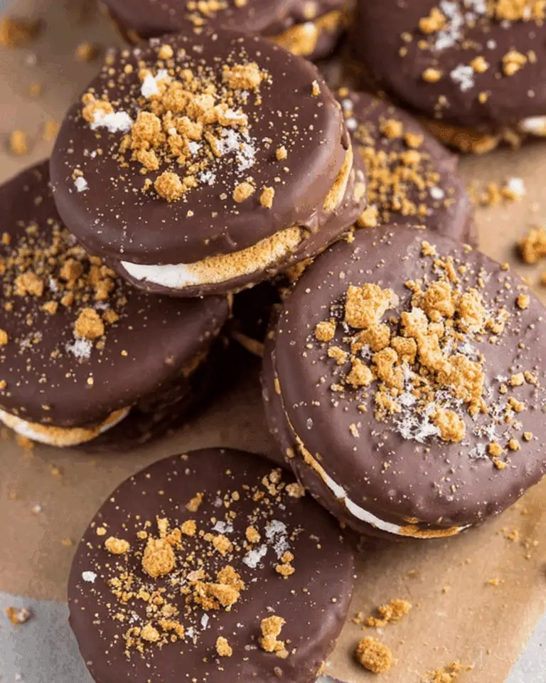 Stack of 4 ingredient Ritz S’mores Cookies coated in chocolate and sprinkled with crushed graham crackers.