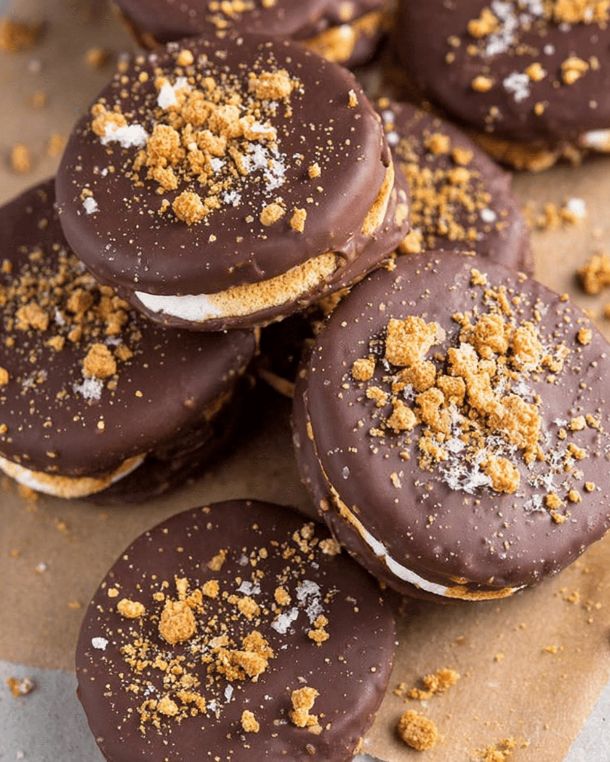 Stack of 4 ingredient Ritz S’mores Cookies coated in chocolate and sprinkled with crushed graham crackers.