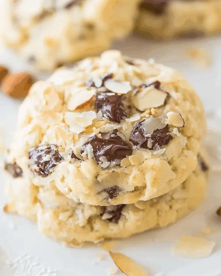 Close-up of soft Almond Joy cookies loaded with melted chocolate chunks, coconut flakes, and slivered almonds.