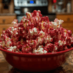 Large red bowl filled with bloody red velvet popcorn coated in vibrant red and white drizzle, set on a kitchen counter.