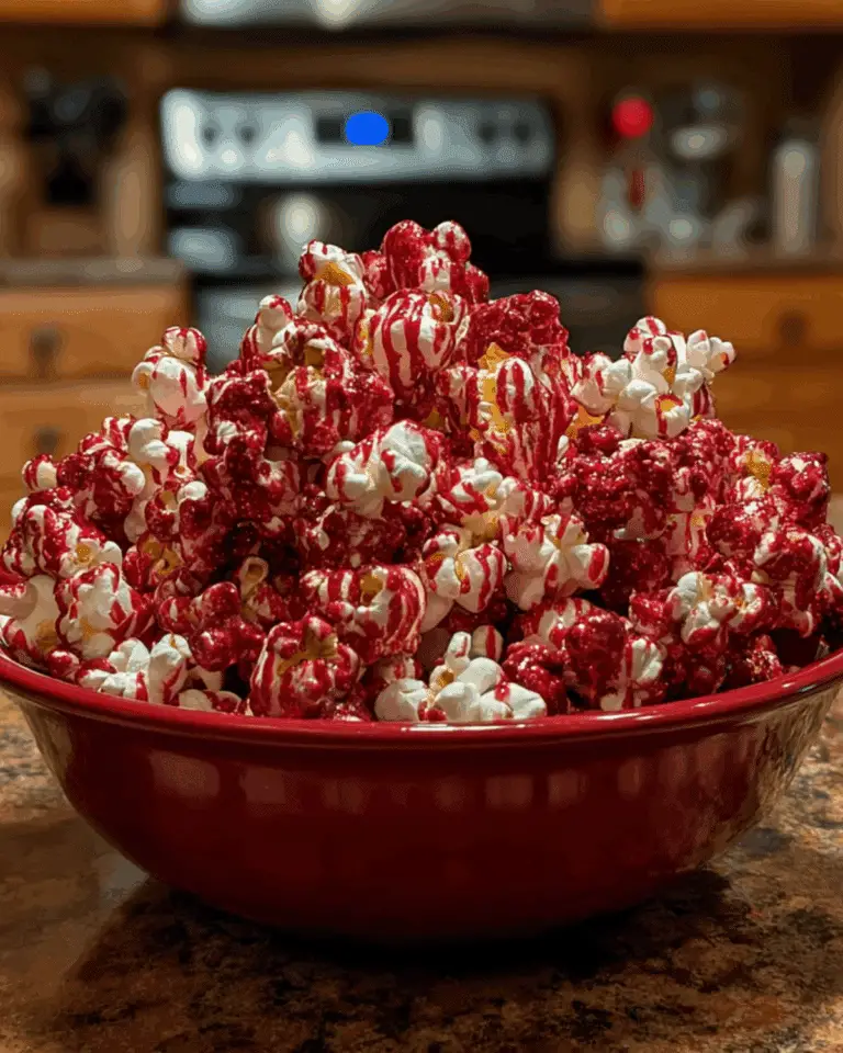 Large red bowl filled with bloody red velvet popcorn coated in vibrant red and white drizzle, set on a kitchen counter.