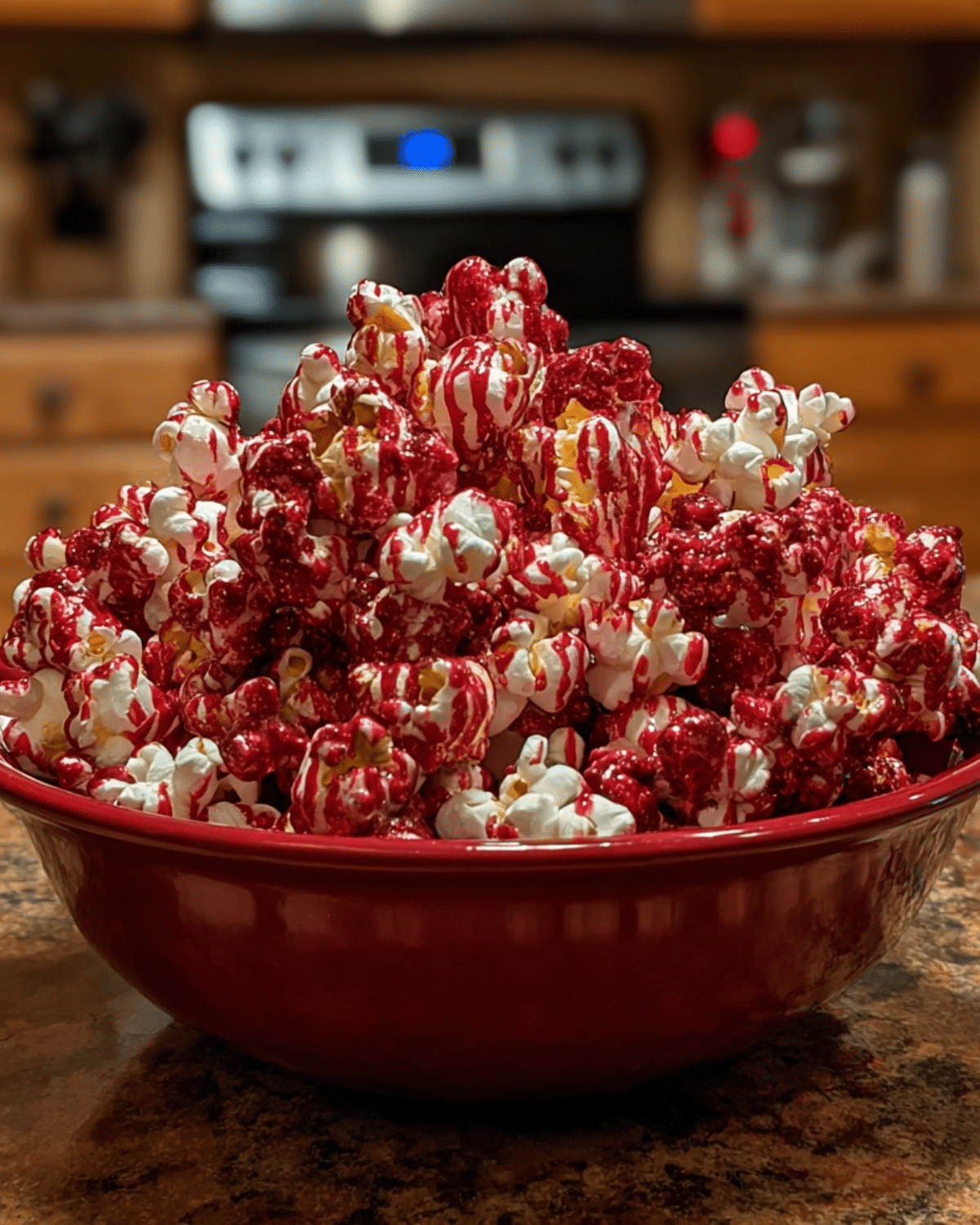 Large red bowl filled with bloody red velvet popcorn coated in vibrant red and white drizzle, set on a kitchen counter.