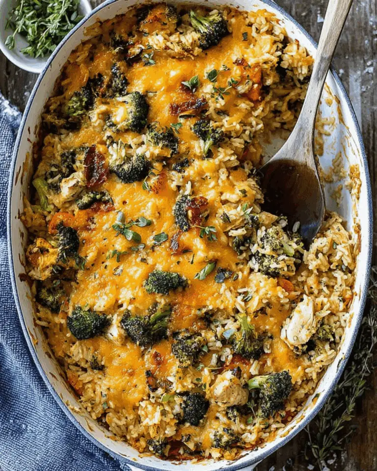 Broccoli cheddar chicken and rice casserole baked in a white oval dish, topped with melted cheddar cheese and fresh herbs.