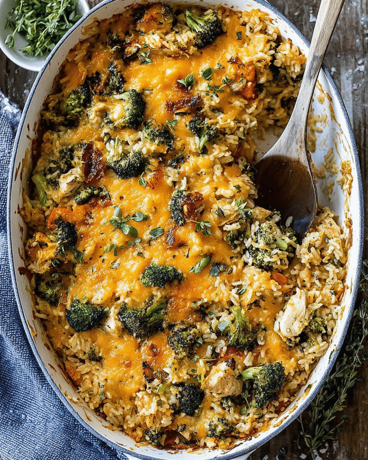 Broccoli cheddar chicken and rice casserole baked in a white oval dish, topped with melted cheddar cheese and fresh herbs.