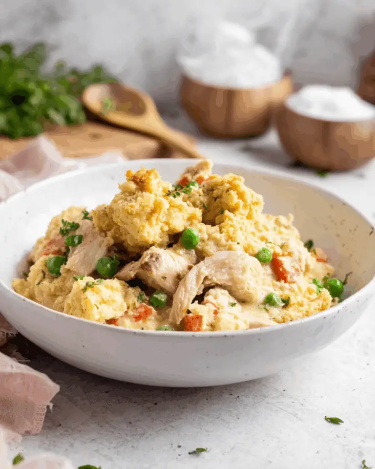 Creamy Chicken Cobbler served in a white bowl, featuring shredded chicken, peas, carrots, and golden biscuit topping.