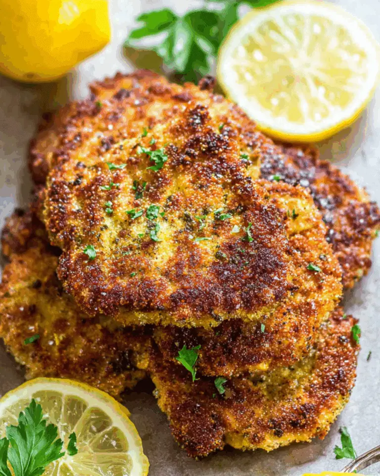 Golden brown chicken cutlets garnished with fresh parsley and served with lemon slices.
