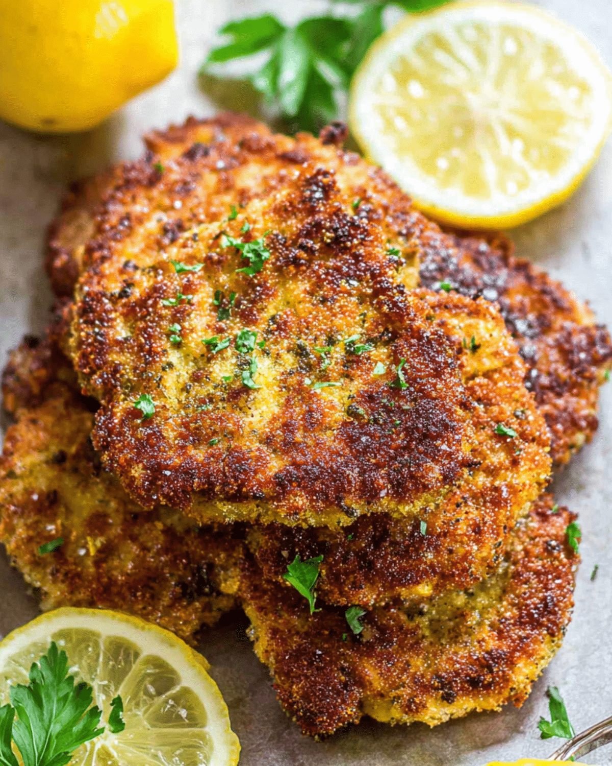 Golden brown chicken cutlets garnished with fresh parsley and served with lemon slices.