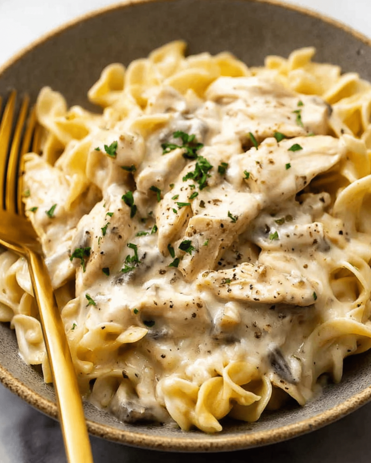Creamy Chicken and Noodles served in a bowl with tender egg noodles and chunks of chicken, garnished with parsley.