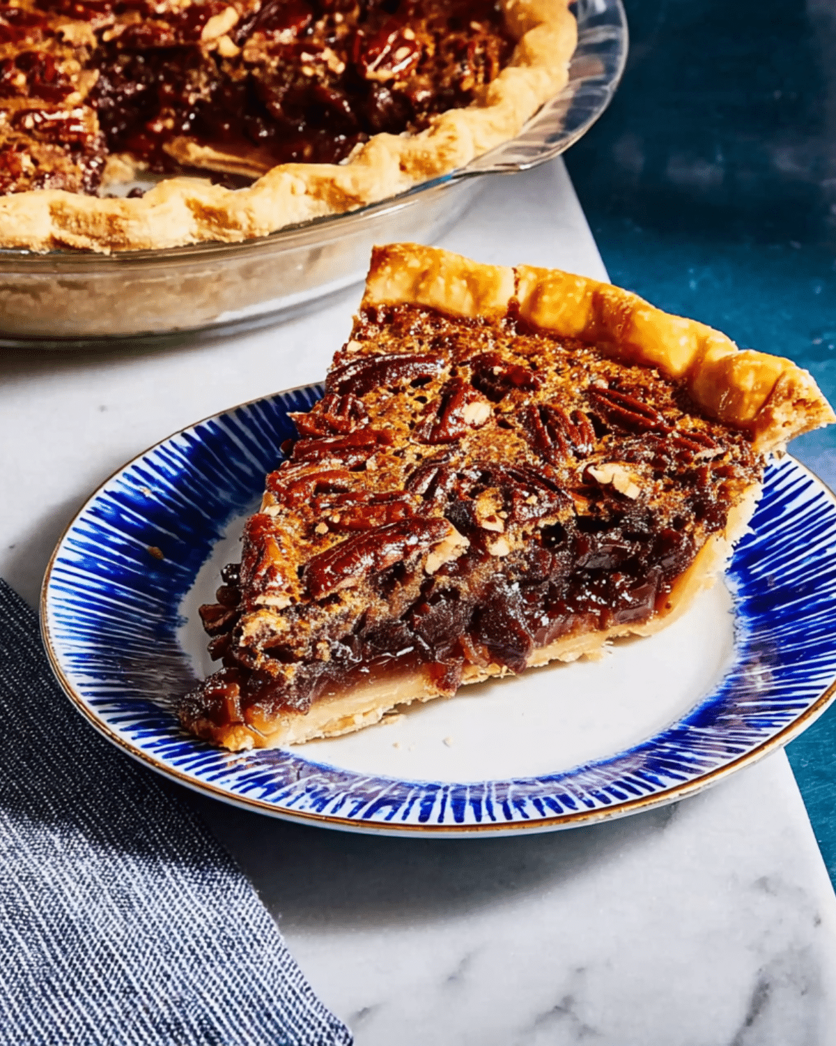 Slice of chocolate bourbon pecan pie on a blue-rimmed plate, with a rich, gooey filling and toasted pecans.