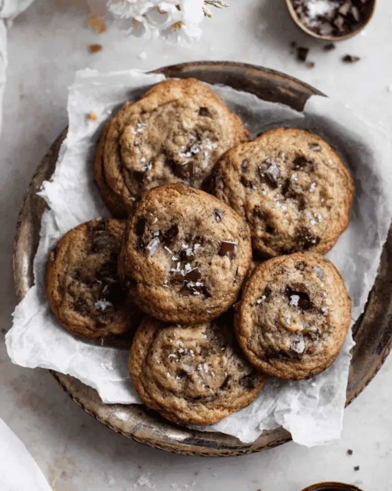 A rustic bowl lined with parchment paper filled with freshly baked chocolate chip banana cookies, topped with flaky sea salt.