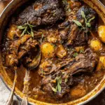 A Dutch oven filled with cider braised pot roast, tender chunks of beef, golden potatoes, caramelized onions, and garnished with crispy sage.