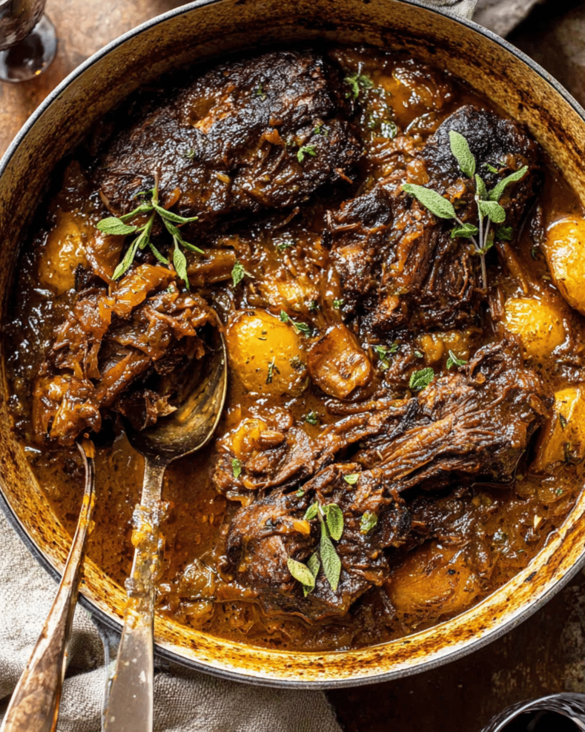 A Dutch oven filled with cider braised pot roast, tender chunks of beef, golden potatoes, caramelized onions, and garnished with crispy sage.