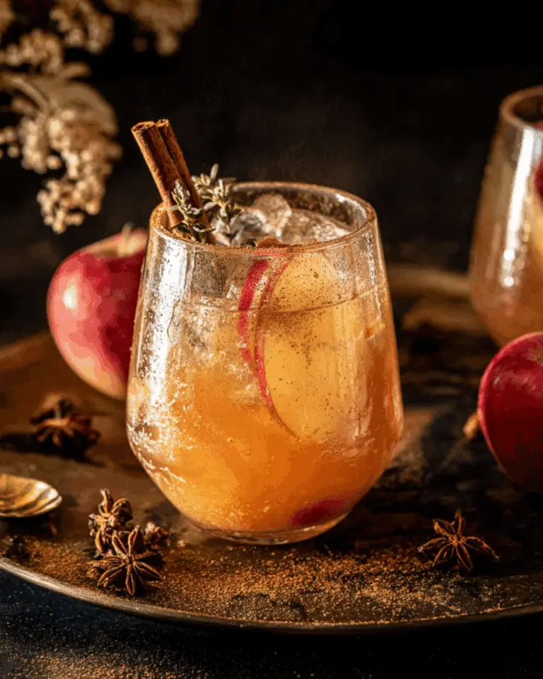 A glass of cinnamon apple bourbon smash garnished with apple slices, cinnamon sticks, and fresh thyme, surrounded by star anise and red apples.