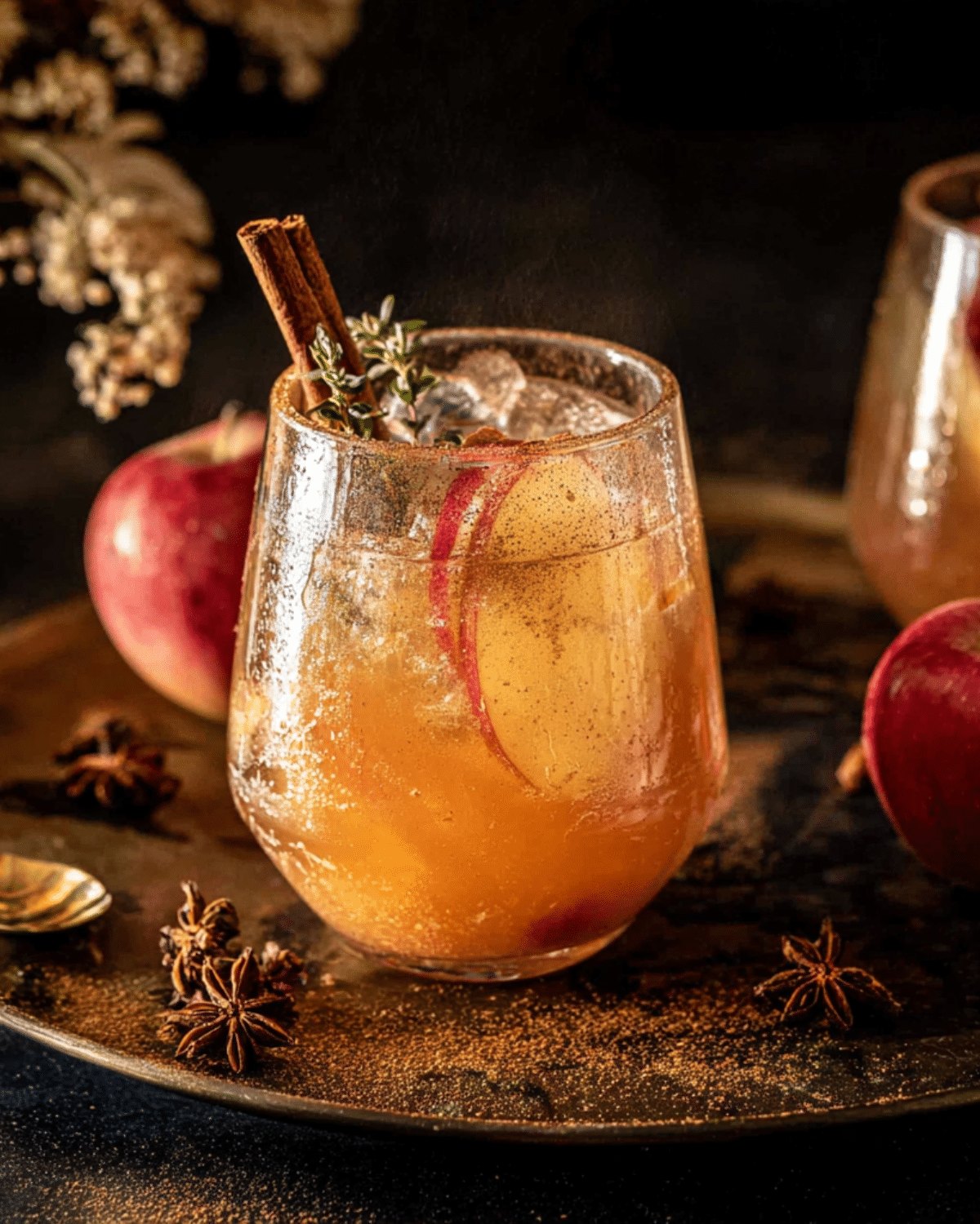 A glass of cinnamon apple bourbon smash garnished with apple slices, cinnamon sticks, and fresh thyme, surrounded by star anise and red apples.