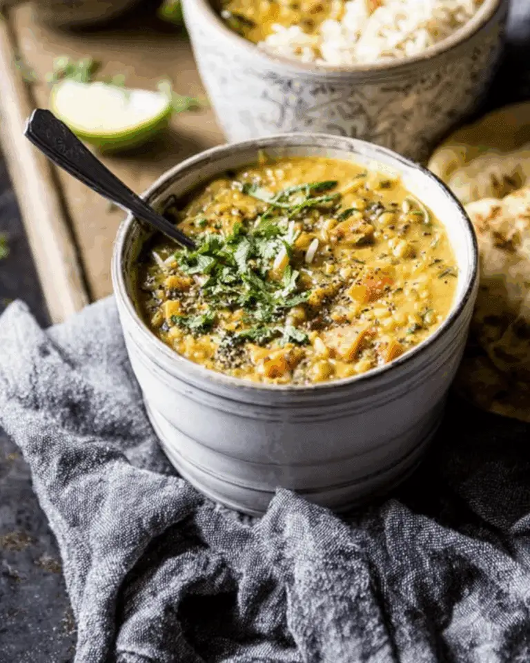 Coconut sweet potato lentil soup served in a rustic bowl, topped with fresh herbs, with rice and naan on the side.
