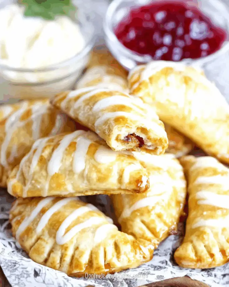 Golden-brown Cookie Empanadas drizzled with icing, filled with fruit jam, and served with whipped cream and jam.