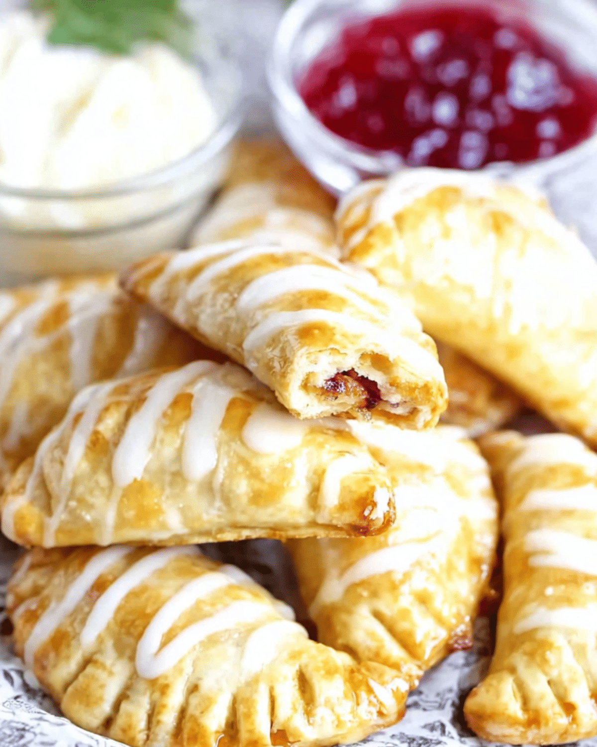 Golden-brown Cookie Empanadas drizzled with icing, filled with fruit jam, and served with whipped cream and jam.