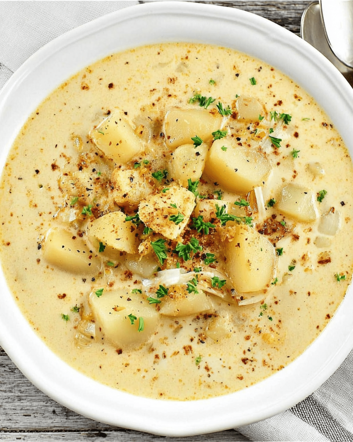 Cozy German potato soup in a white bowl, filled with tender potato chunks, herbs, and a creamy seasoned broth, garnished with parsley and crispy crumbs.