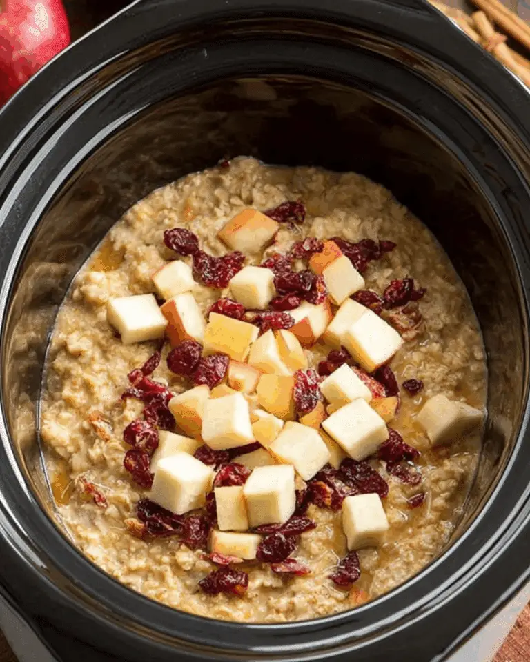Cranberry Apple Crockpot Oatmeal topped with diced apples and dried cranberries in a black slow cooker.