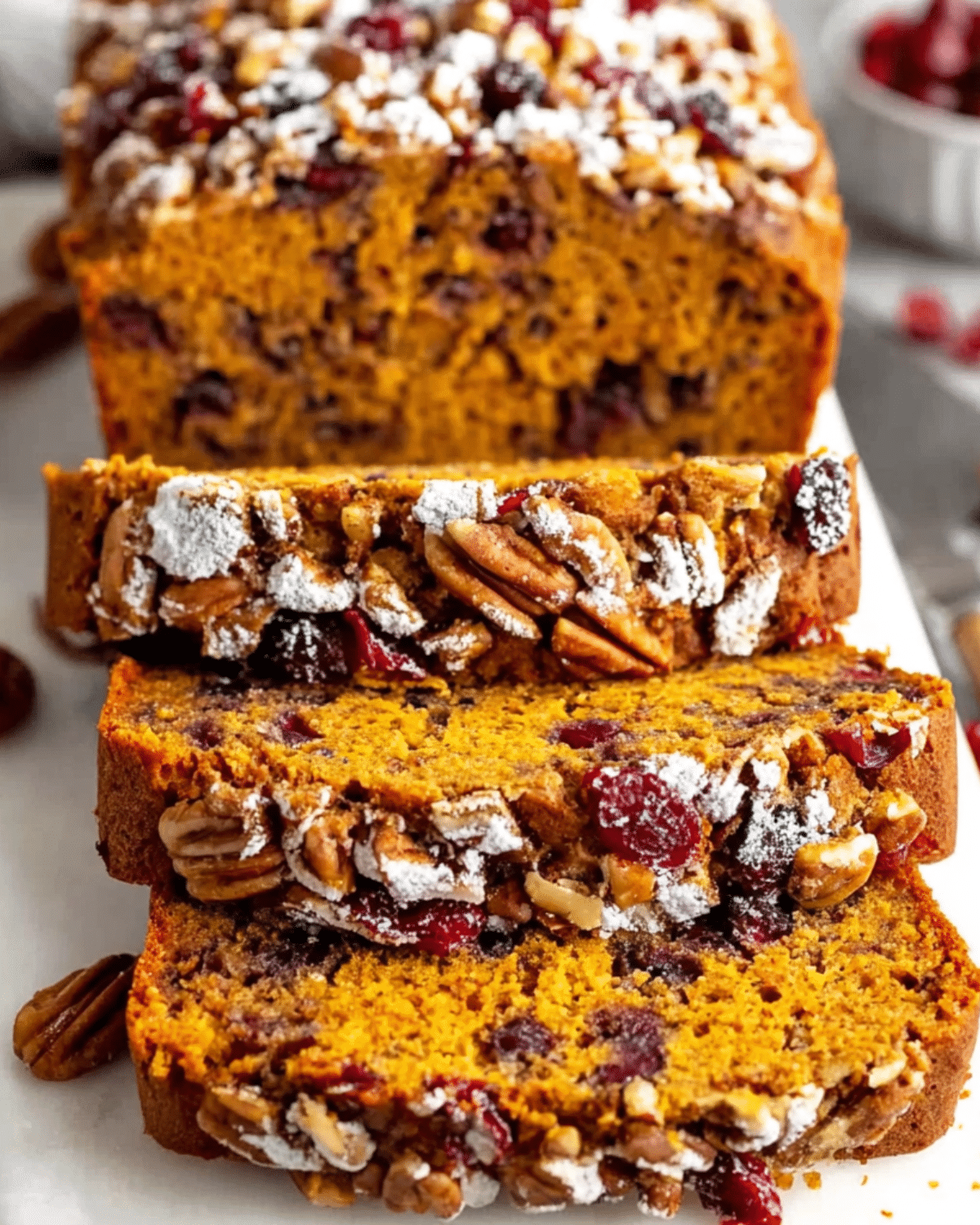 Sliced Cranberry Pecan Pumpkin Bread topped with powdered sugar, cranberries, and pecans on a white serving board.