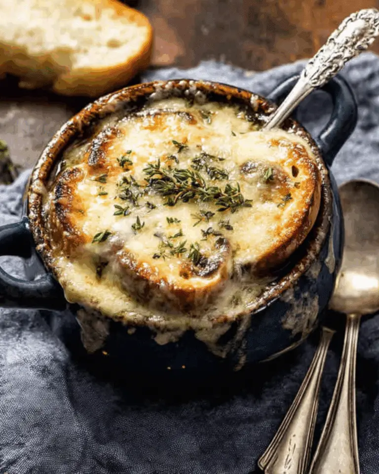 Creamy French onion and mushroom soup topped with toasted bread and melted cheese, served in a dark ceramic bowl with a spoon.
