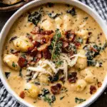 Creamy gnocchi soup with rosemary bacon, kale, and shredded cheese served in a white bowl on a rustic cloth.