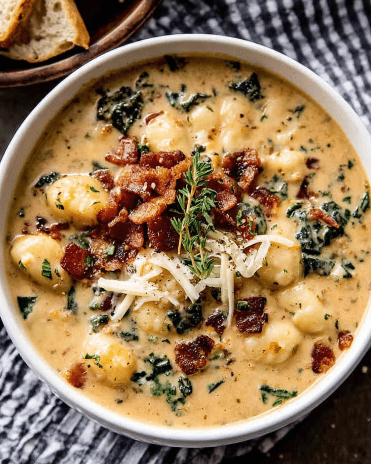 Creamy gnocchi soup with rosemary bacon, kale, and shredded cheese served in a white bowl on a rustic cloth.