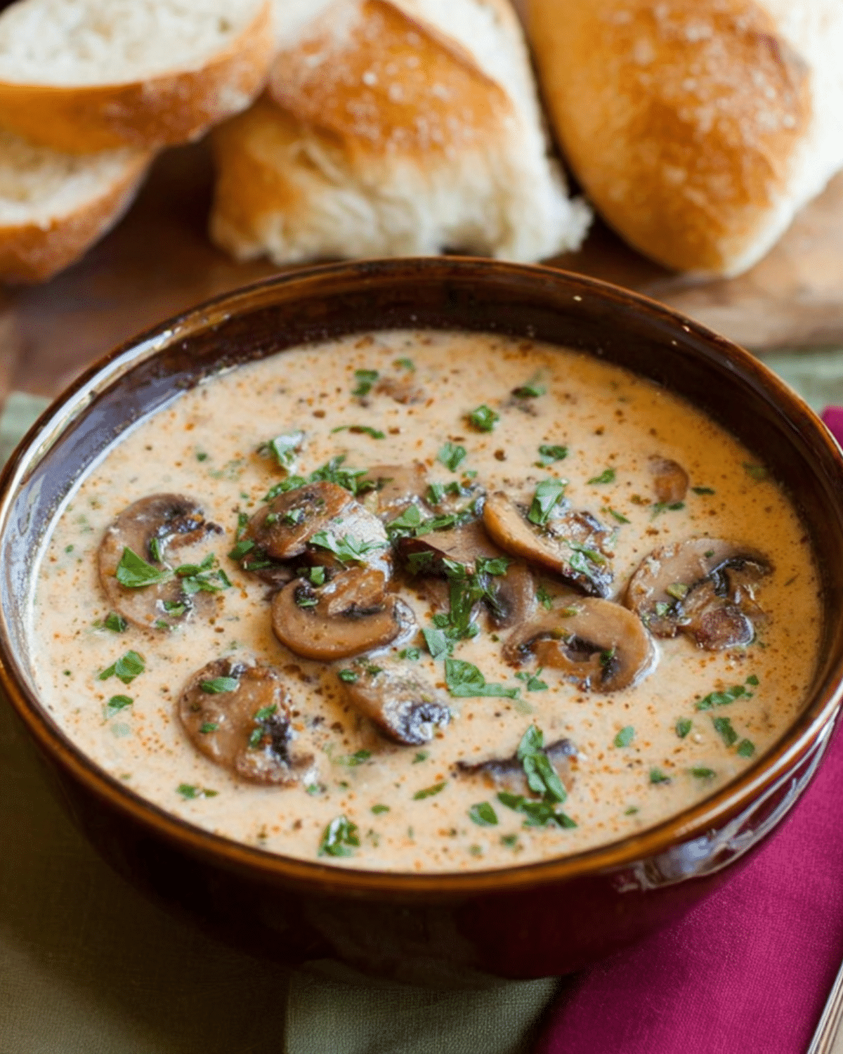Creamy mushroom soup garnished with fresh parsley in a brown ceramic bowl, served with crusty bread rolls in the background.