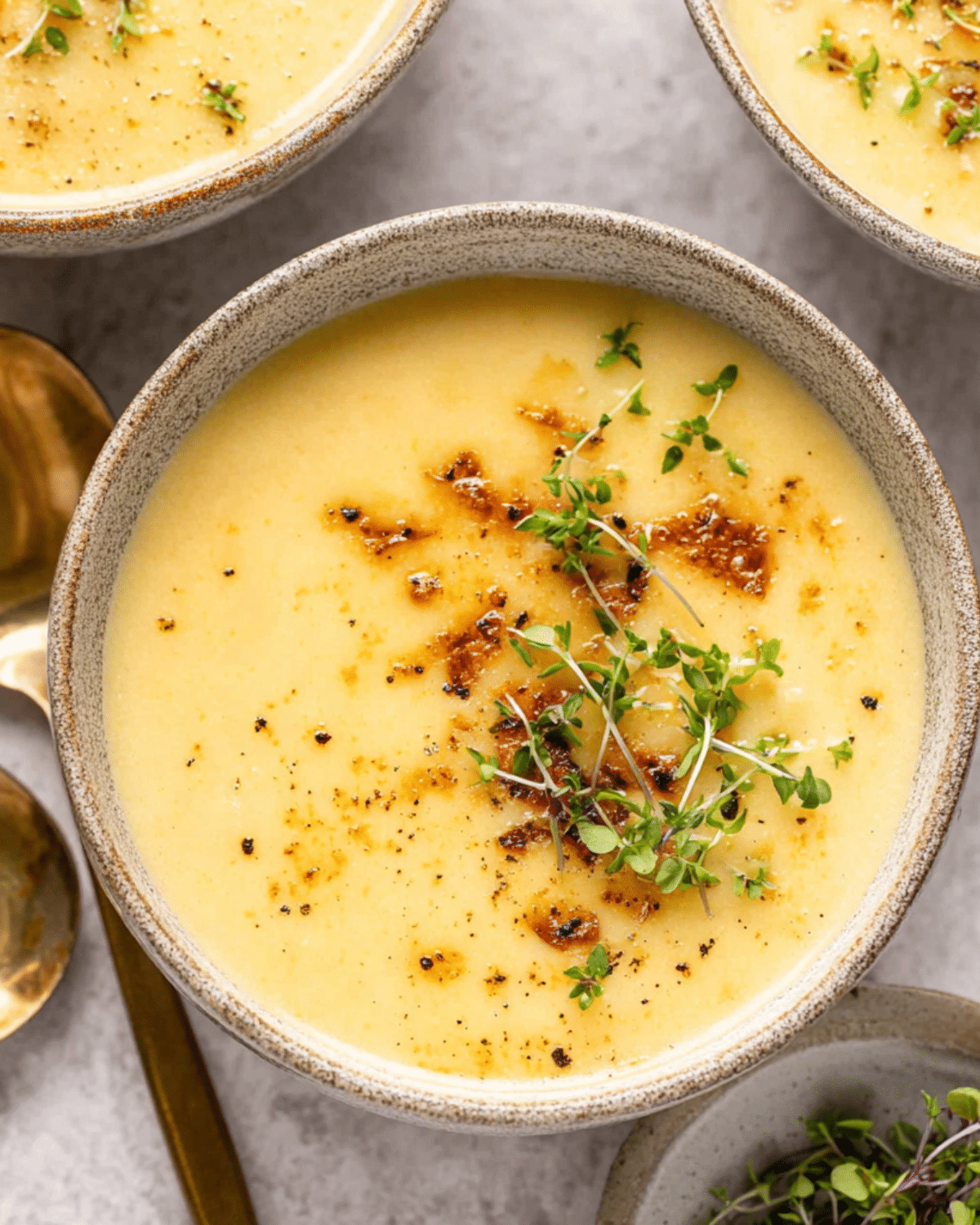 Creamy potato soup in a rustic bowl, garnished with crispy bits, black pepper, and fresh microgreens.