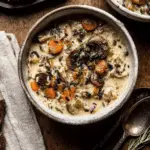 Creamy wild rice chicken soup with roasted mushrooms, carrots, and herbs served in a rustic ceramic bowl on a wooden table.