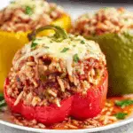 Crock Pot Stuffed Peppers filled with rice, ground meat, tomato sauce, and topped with melted cheese on a white plate.