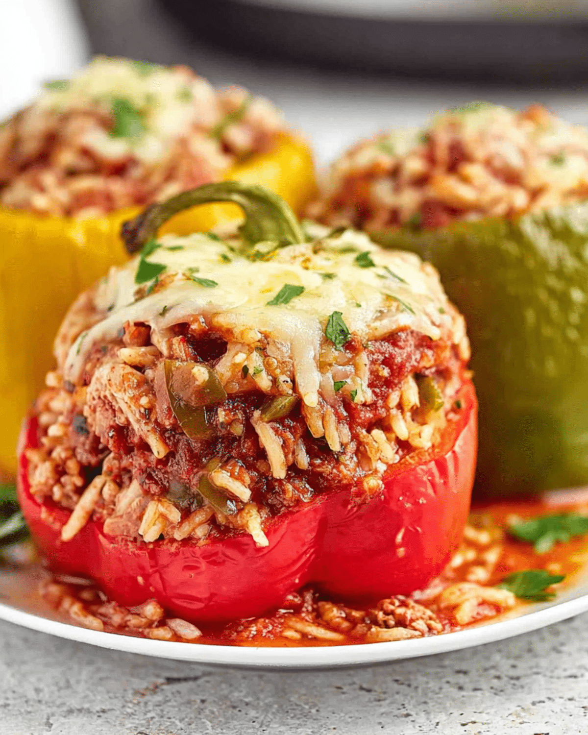 Crock Pot Stuffed Peppers filled with rice, ground meat, tomato sauce, and topped with melted cheese on a white plate.