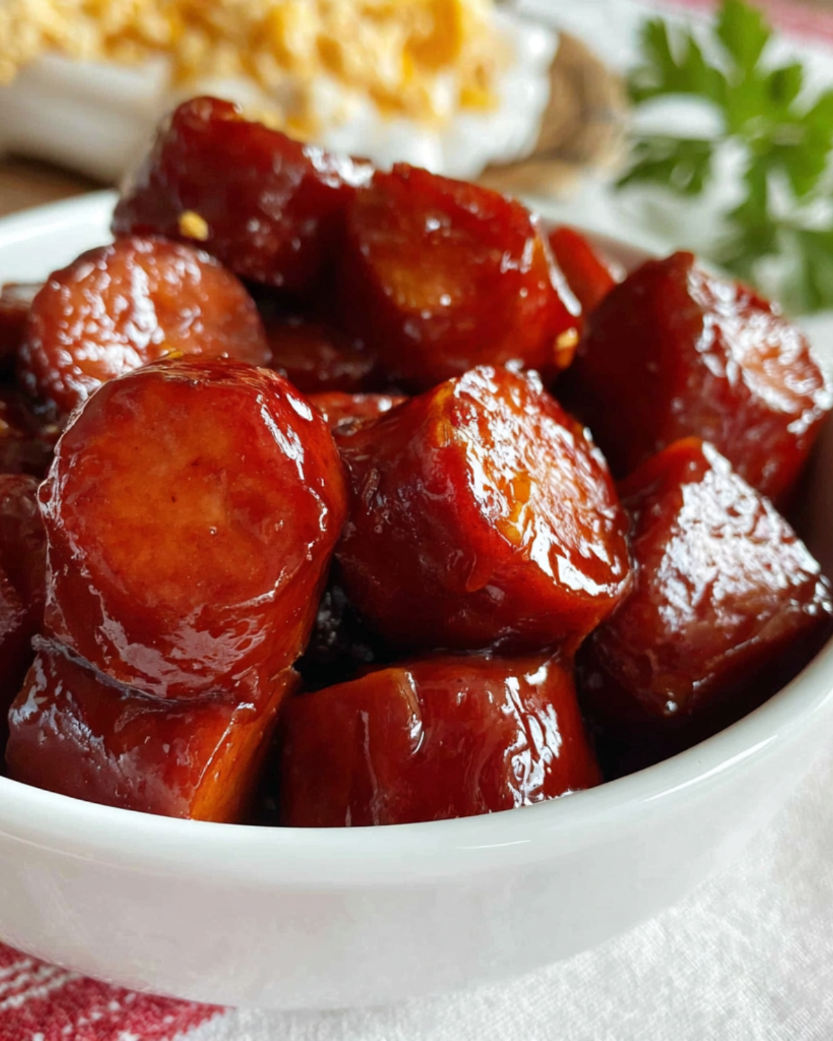 Close-up of Crockpot Kielbasa Bites glazed in a rich, sticky barbecue sauce and served in a white bowl.