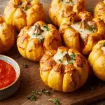 Mini easy pizza-stuffed pumpkins topped with melted cheese and herbs, served on a wooden board with marinara dipping sauce.