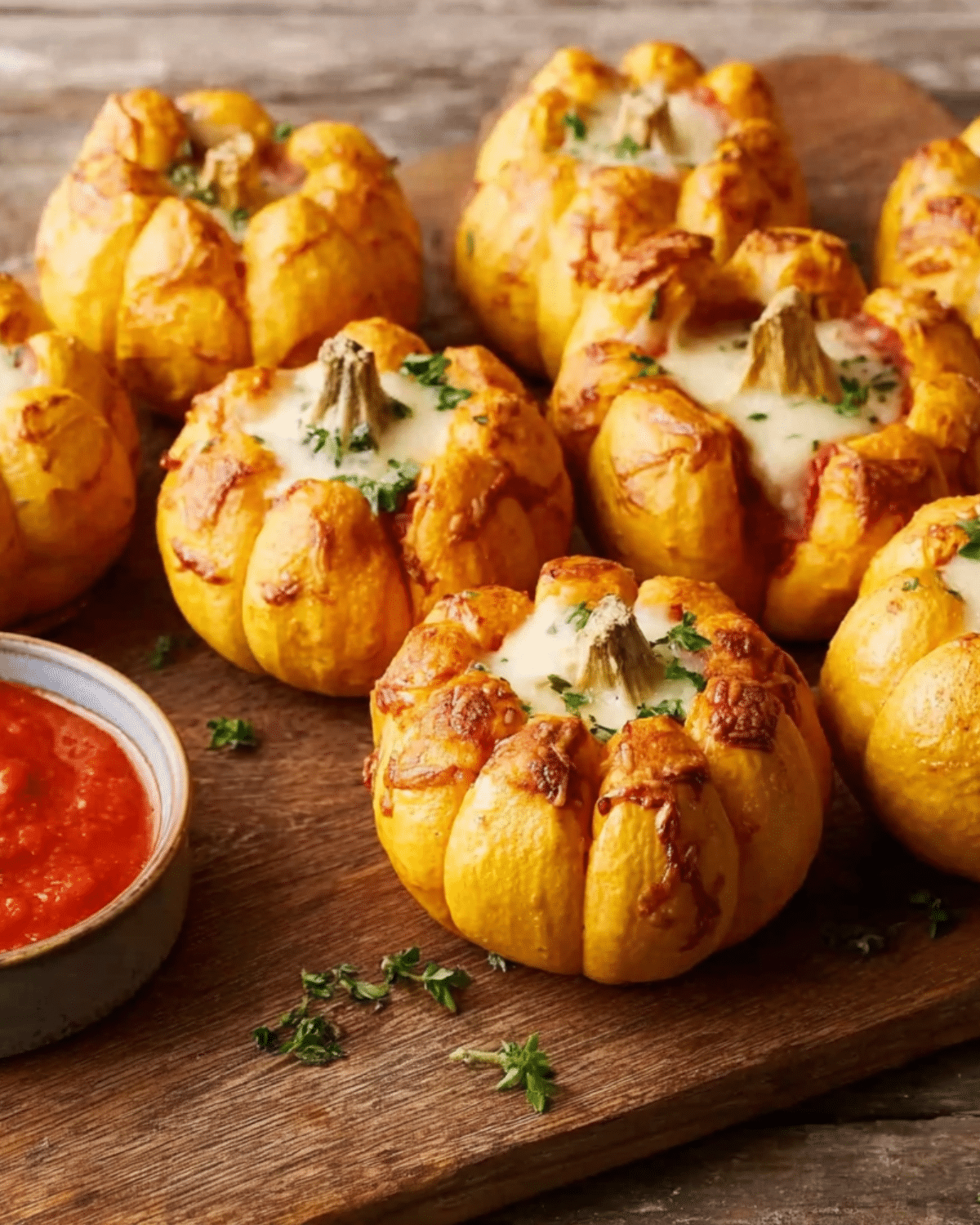 Mini easy pizza-stuffed pumpkins topped with melted cheese and herbs, served on a wooden board with marinara dipping sauce.