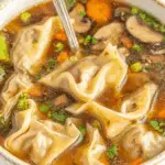 Easy potsticker soup with dumplings, mushrooms, carrots, peas, and herbs in a clear broth, served in a white bowl.