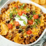 Frito Pie Casserole topped with melted cheese, black beans, cherry tomatoes, green onions, and sour cream in a white dish.