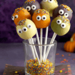 Colorful Halloween cake pops decorated with candy eyes and festive sprinkles, arranged in a glass jar.