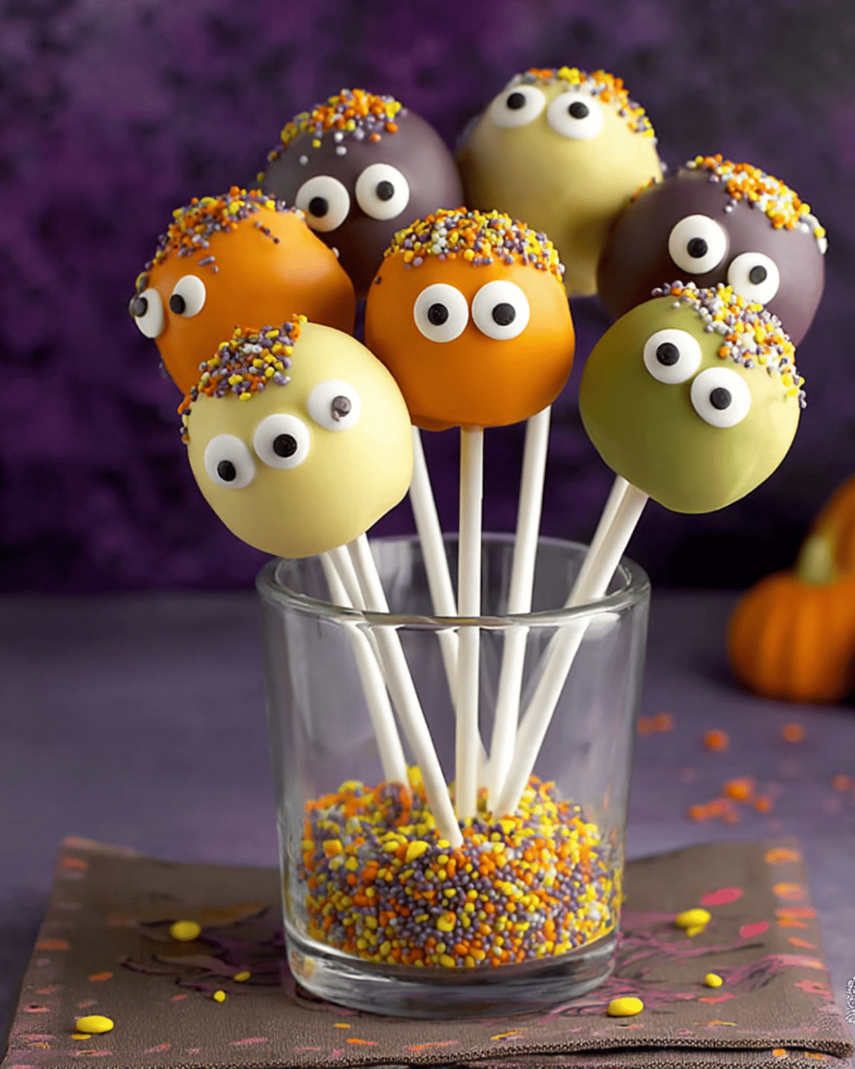 Colorful Halloween cake pops decorated with candy eyes and festive sprinkles, arranged in a glass jar.